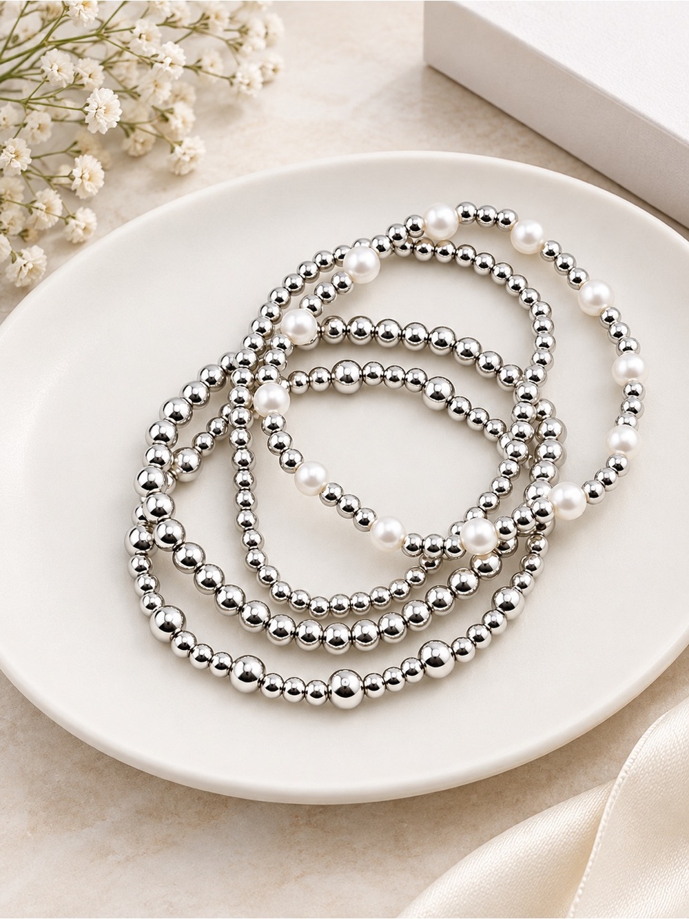Classic Silver Bead and White Pearl Stretch Bracelet Set 4-piece silver